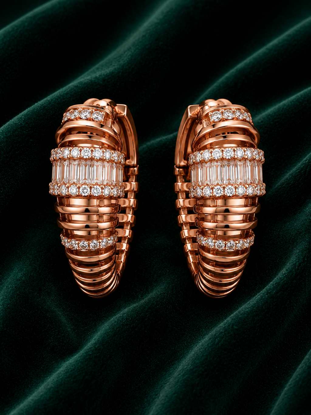 Baguette & Pavé Diamond Ribbed Dome Hoop Earrings in Rose Gold