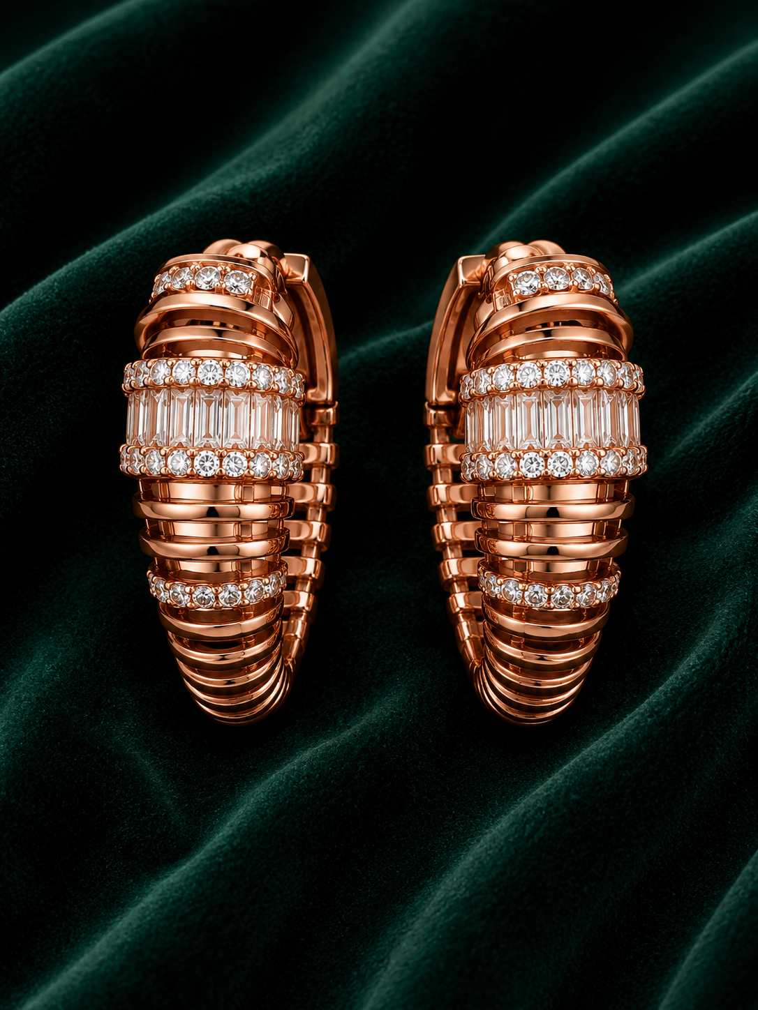 Baguette & Pavé Diamond Ribbed Dome Hoop Earrings in Rose Gold