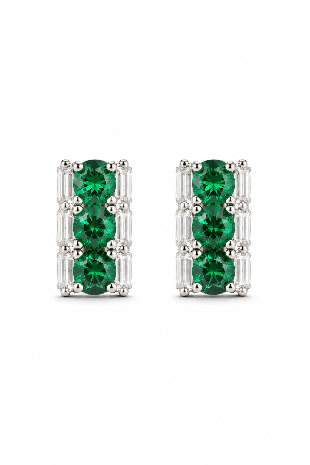 Emerald & Baguette Diamond Cluster Stud Earrings in White Gold