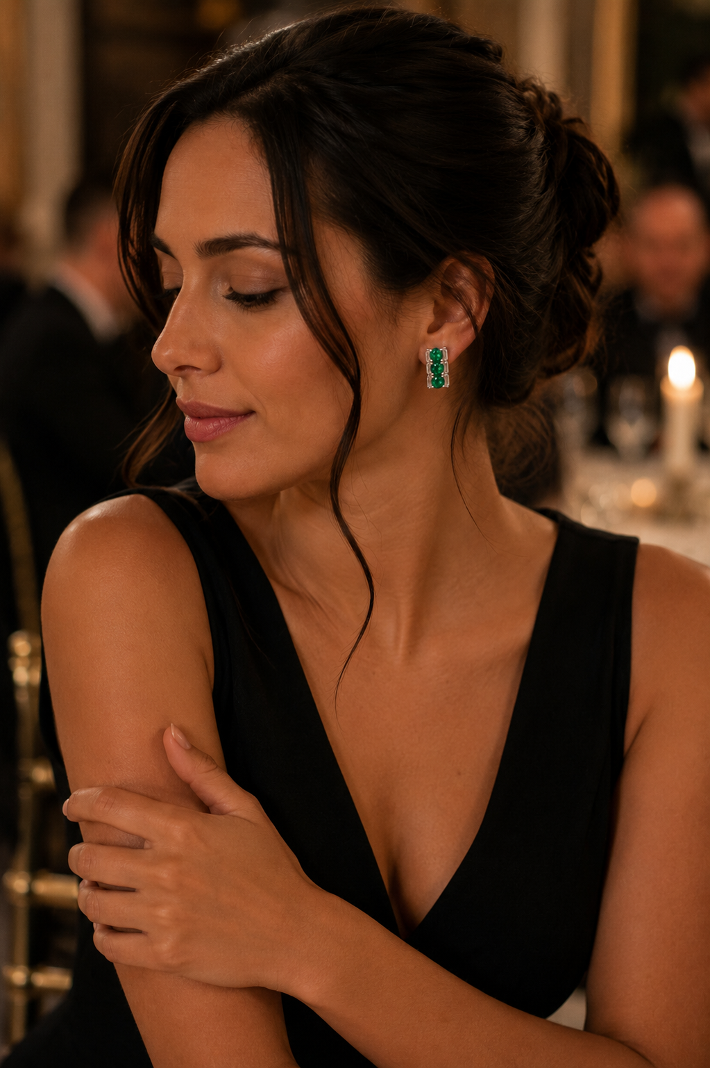 Emerald & Baguette Diamond Cluster Stud Earrings in White Gold