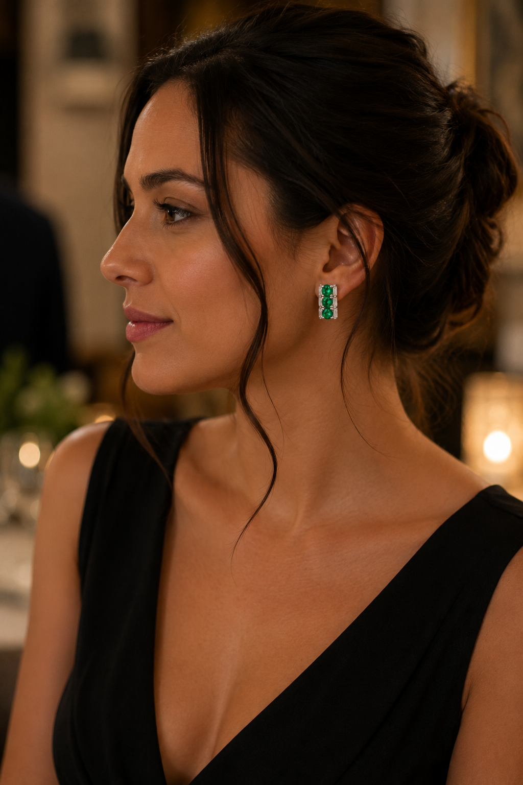 Emerald & Baguette Diamond Cluster Stud Earrings in White Gold