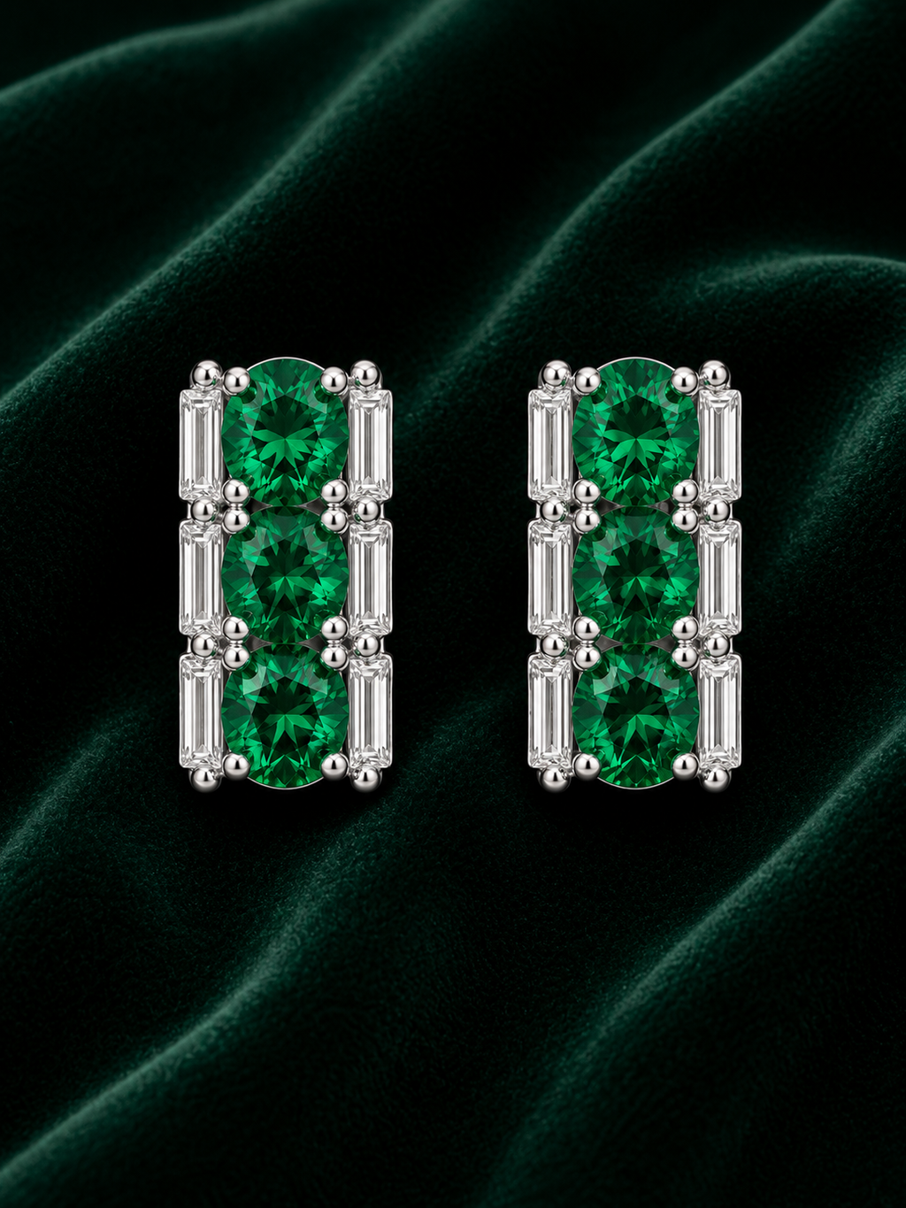Emerald & Baguette Diamond Cluster Stud Earrings in White Gold