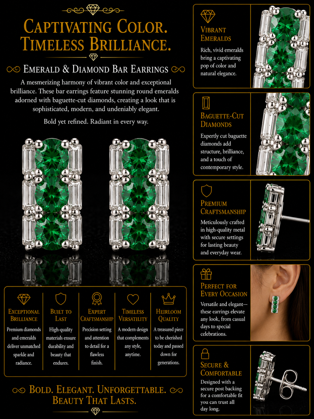 Emerald & Baguette Diamond Cluster Stud Earrings in White Gold