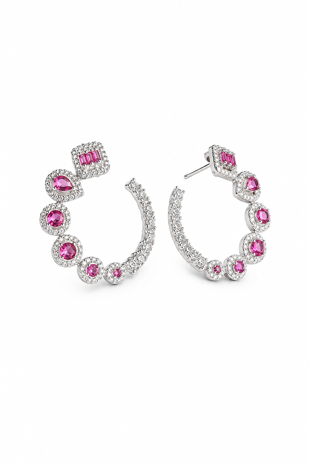 Multi-Shape Ruby & Diamond Halo Hoop Earrings in White Gold