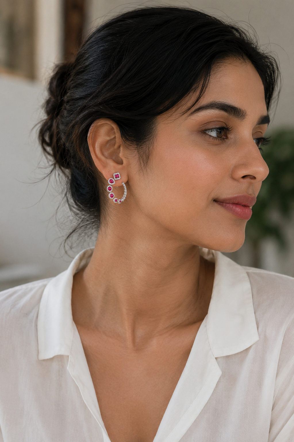 Multi-Shape Ruby & Diamond Halo Hoop Earrings in White Gold