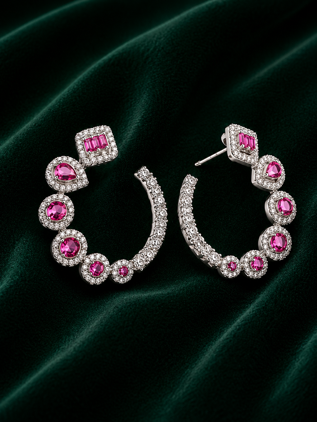 Multi-Shape Ruby & Diamond Halo Hoop Earrings in White Gold
