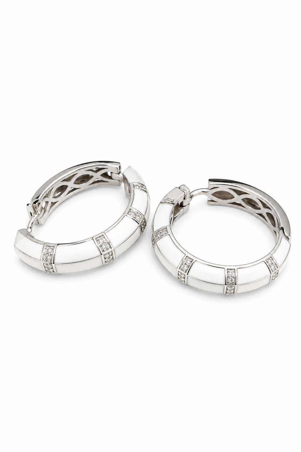 White Enamel & Diamond Segmented Hoop Earrings in White Gold