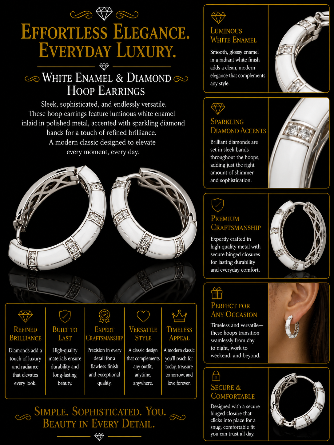 White Enamel & Diamond Segmented Hoop Earrings in White Gold