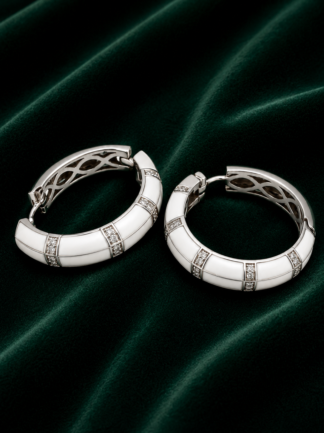White Enamel & Diamond Segmented Hoop Earrings in White Gold