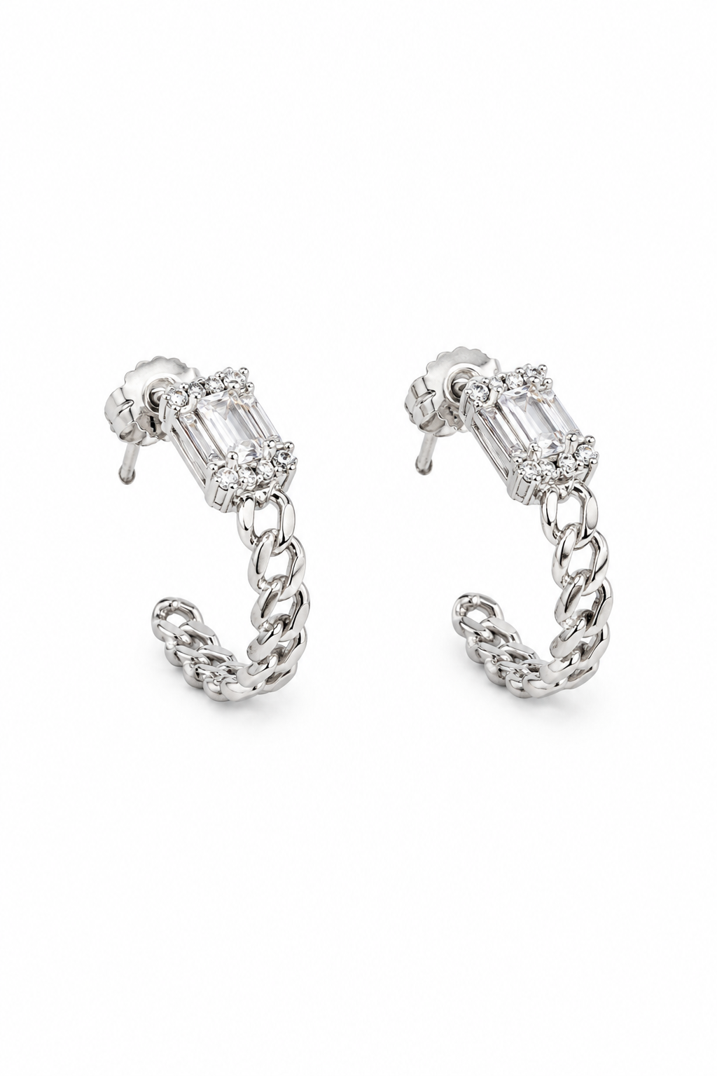 Baguette Diamond & Curb Chain Hoop Earrings in Rose Gold & White Gold