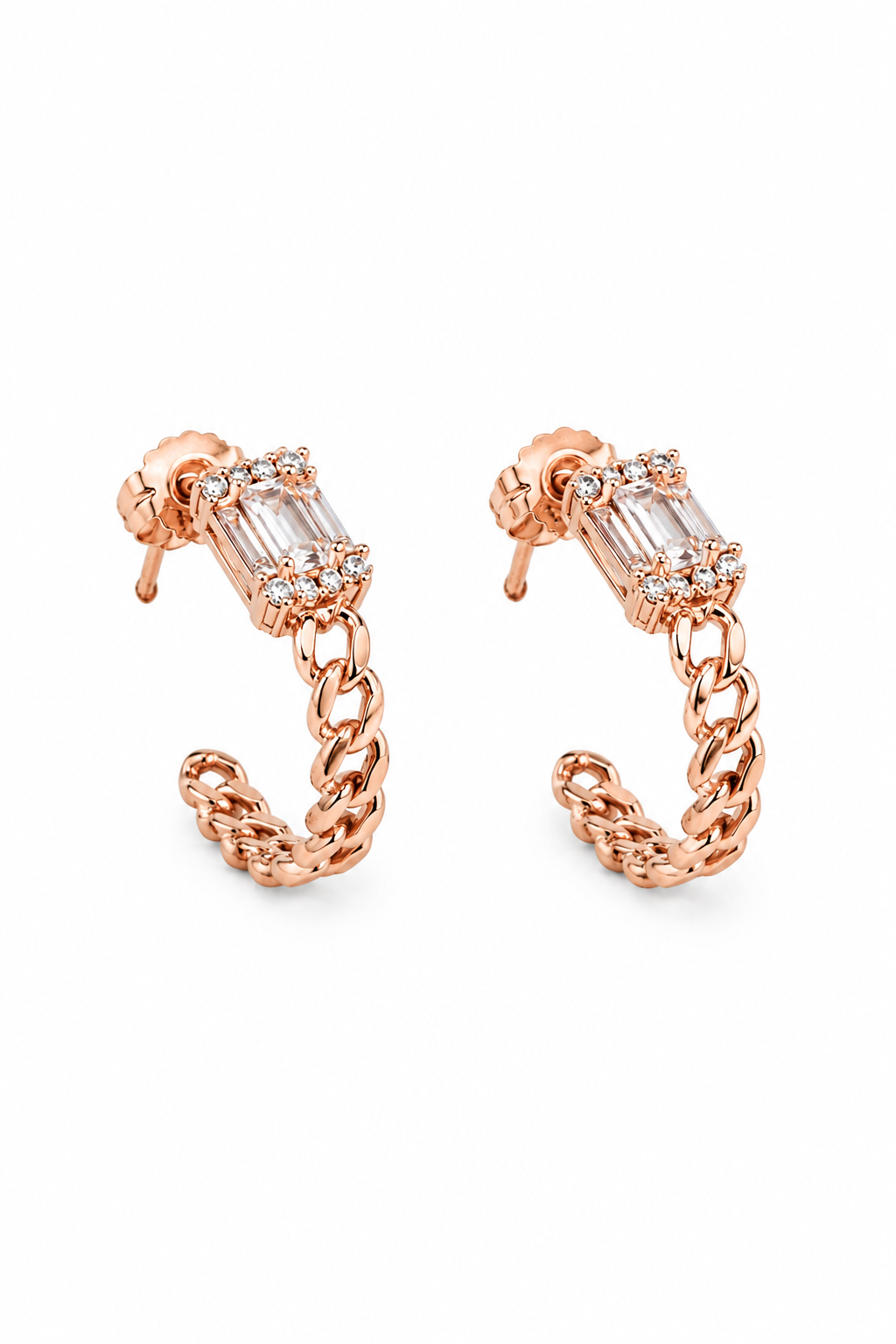 Baguette Diamond & Curb Chain Hoop Earrings in Rose Gold & White Gold