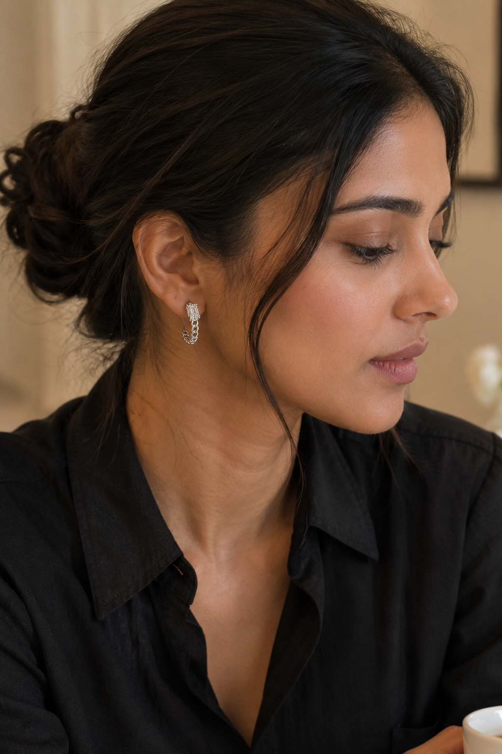 Baguette Diamond & Curb Chain Hoop Earrings in Rose Gold & White Gold