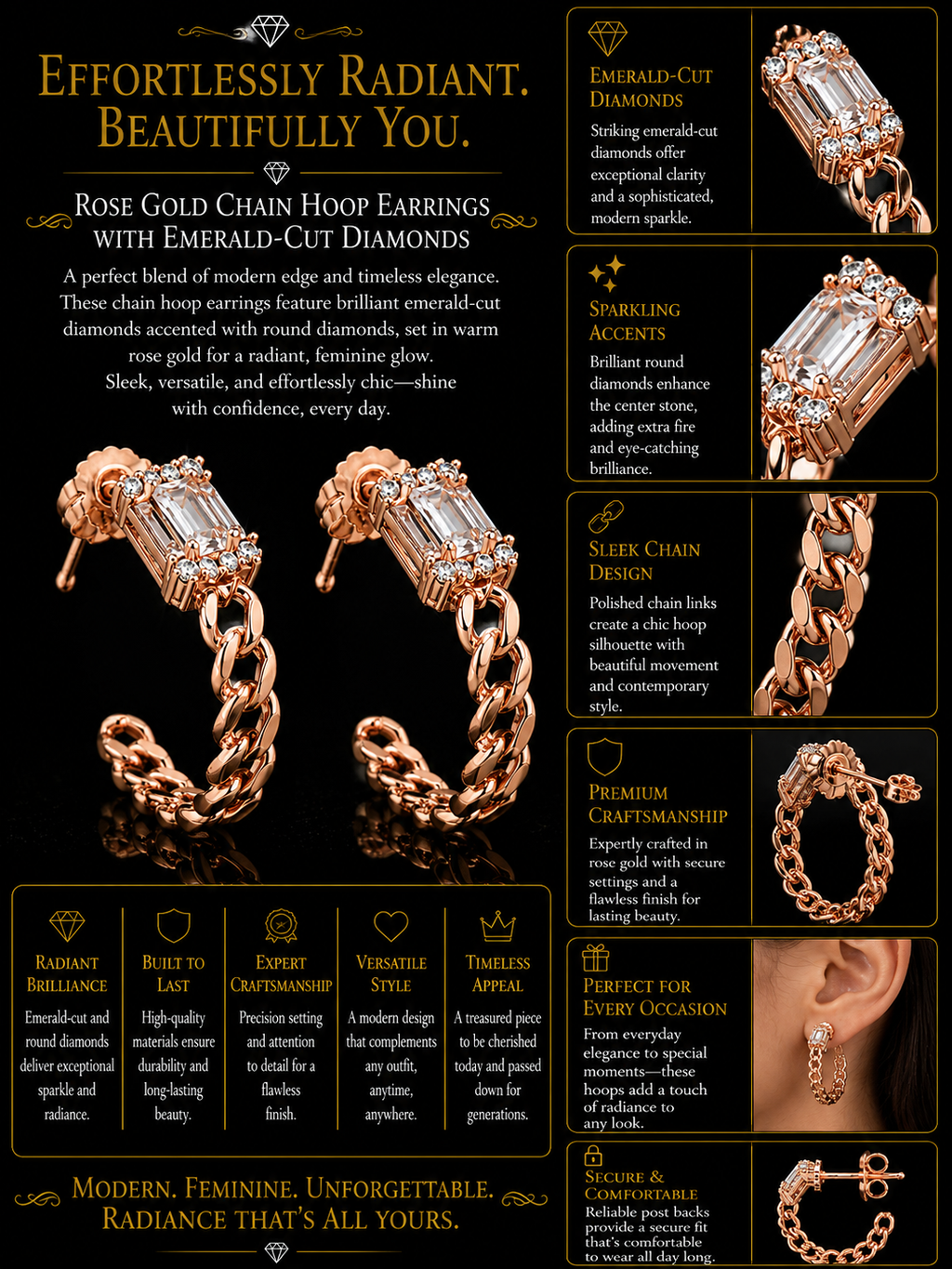 Baguette Diamond & Curb Chain Hoop Earrings in Rose Gold & White Gold