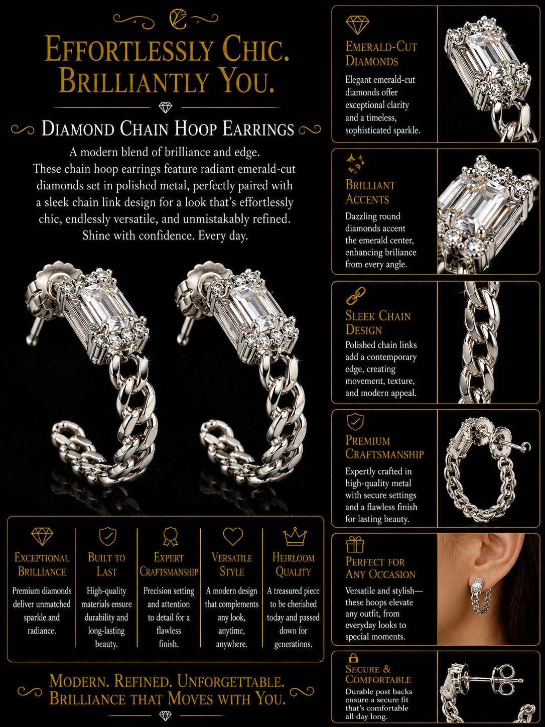 Baguette Diamond & Curb Chain Hoop Earrings in Rose Gold & White Gold