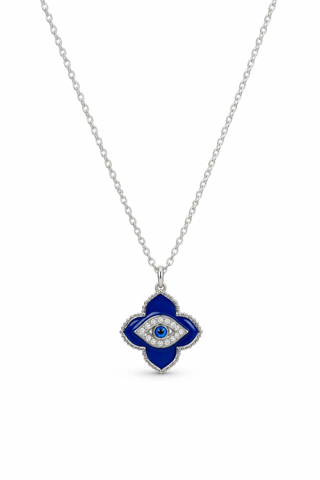 Blue Enamel Evil Eye Clover Pendant Necklace in White Gold