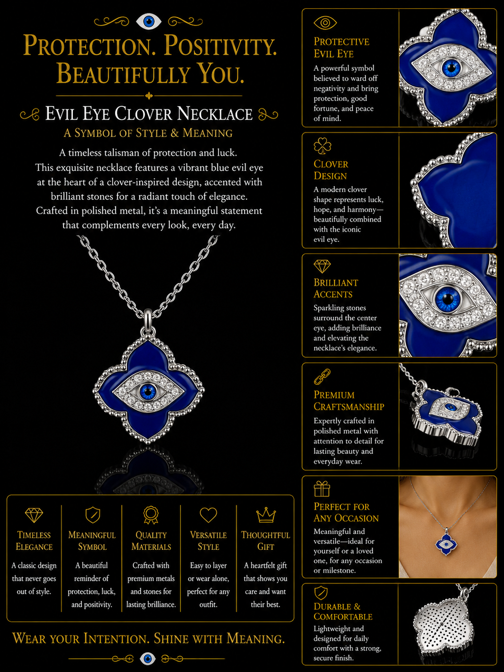 Blue Enamel Evil Eye Clover Pendant Necklace in White Gold