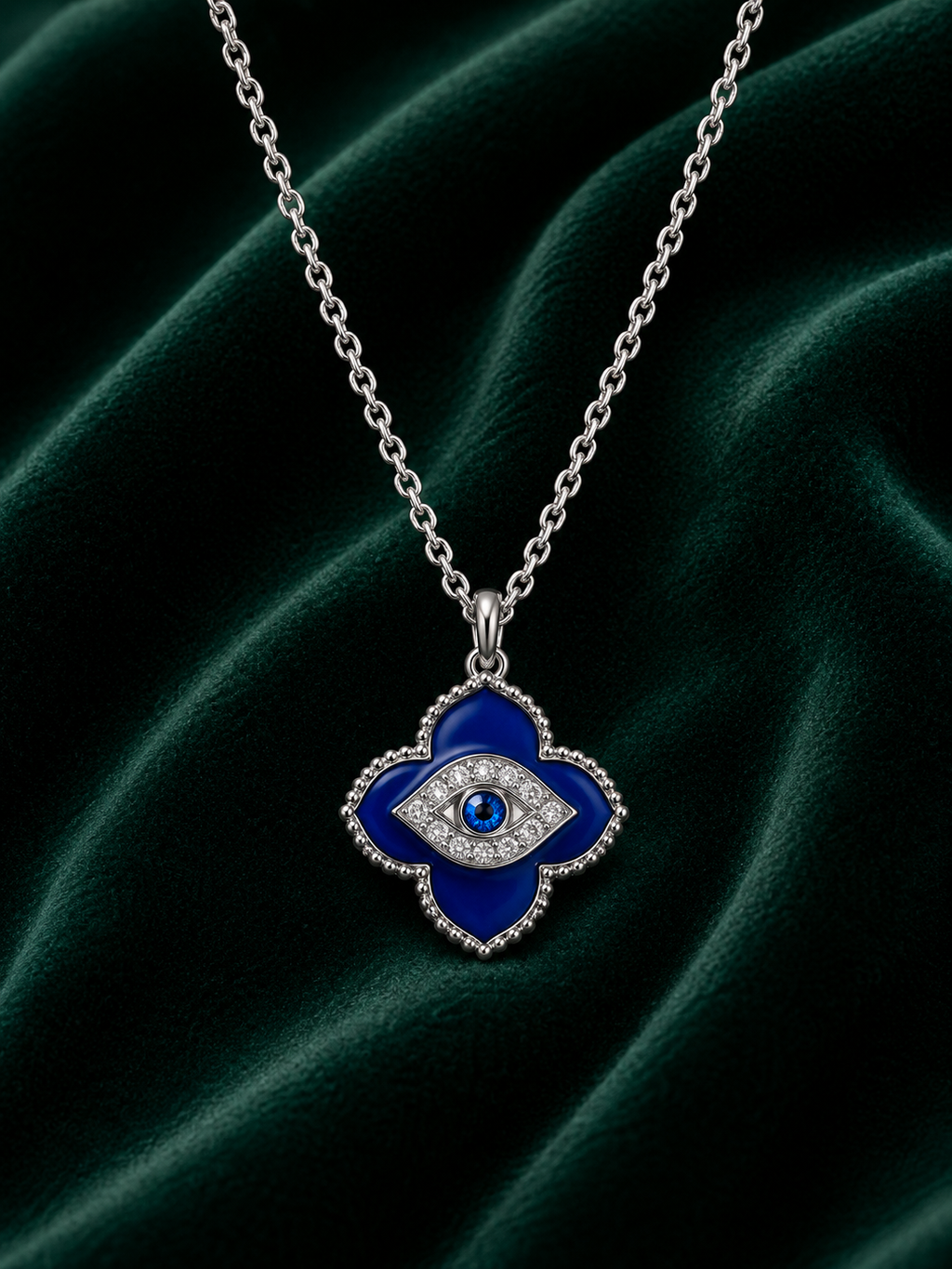Blue Enamel Evil Eye Clover Pendant Necklace in White Gold
