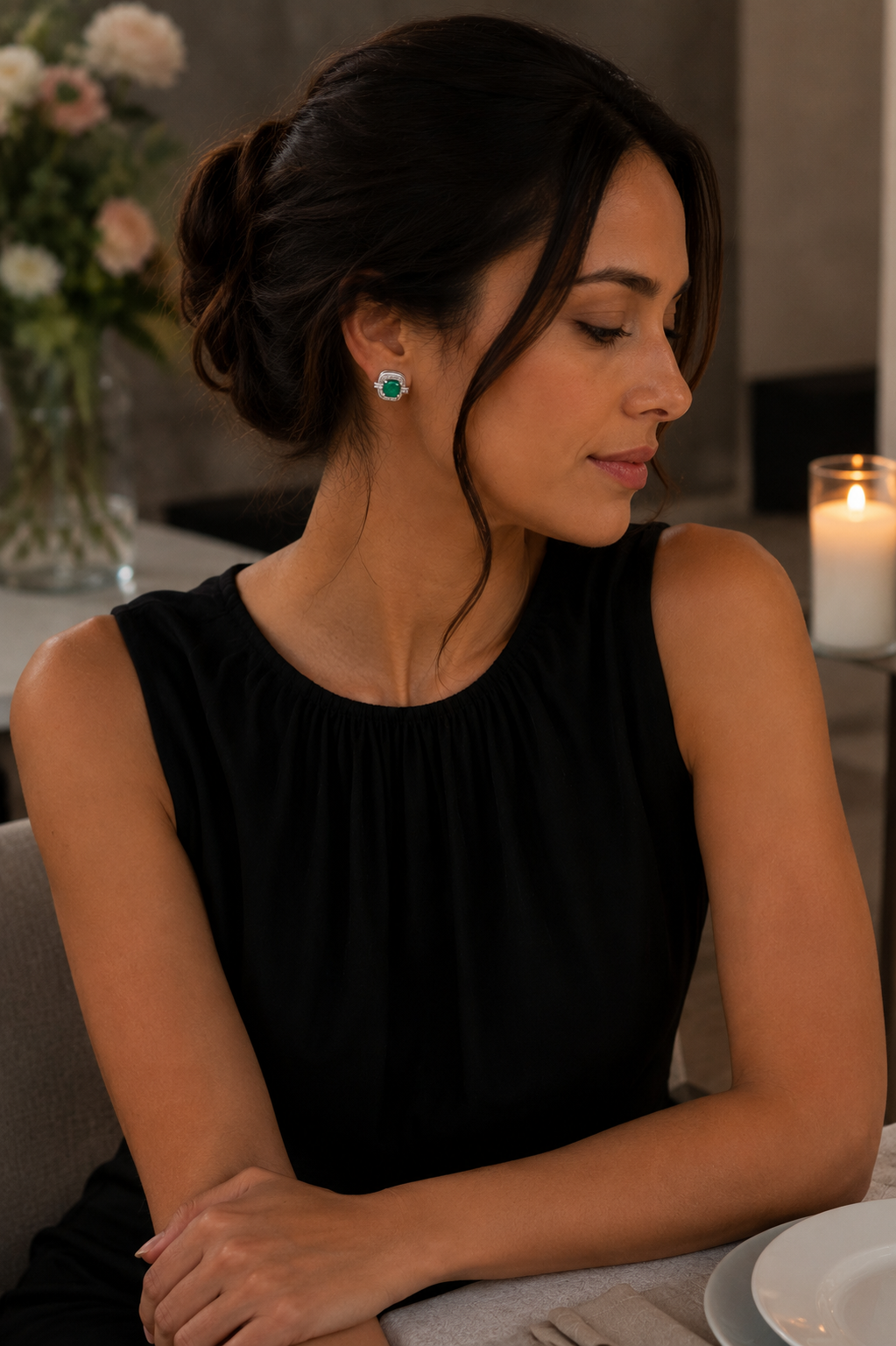 Cushion Emerald, Diamond & White Enamel Halo Stud Earrings in White Gold