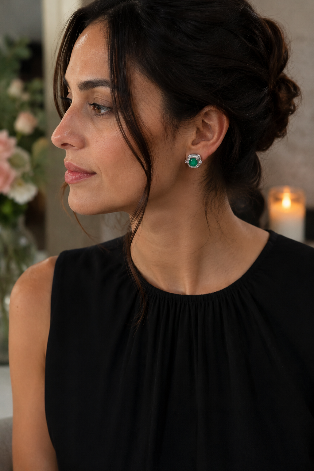 Cushion Emerald, Diamond & White Enamel Halo Stud Earrings in White Gold