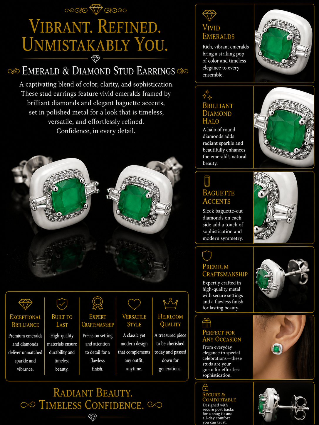 Cushion Emerald, Diamond & White Enamel Halo Stud Earrings in White Gold