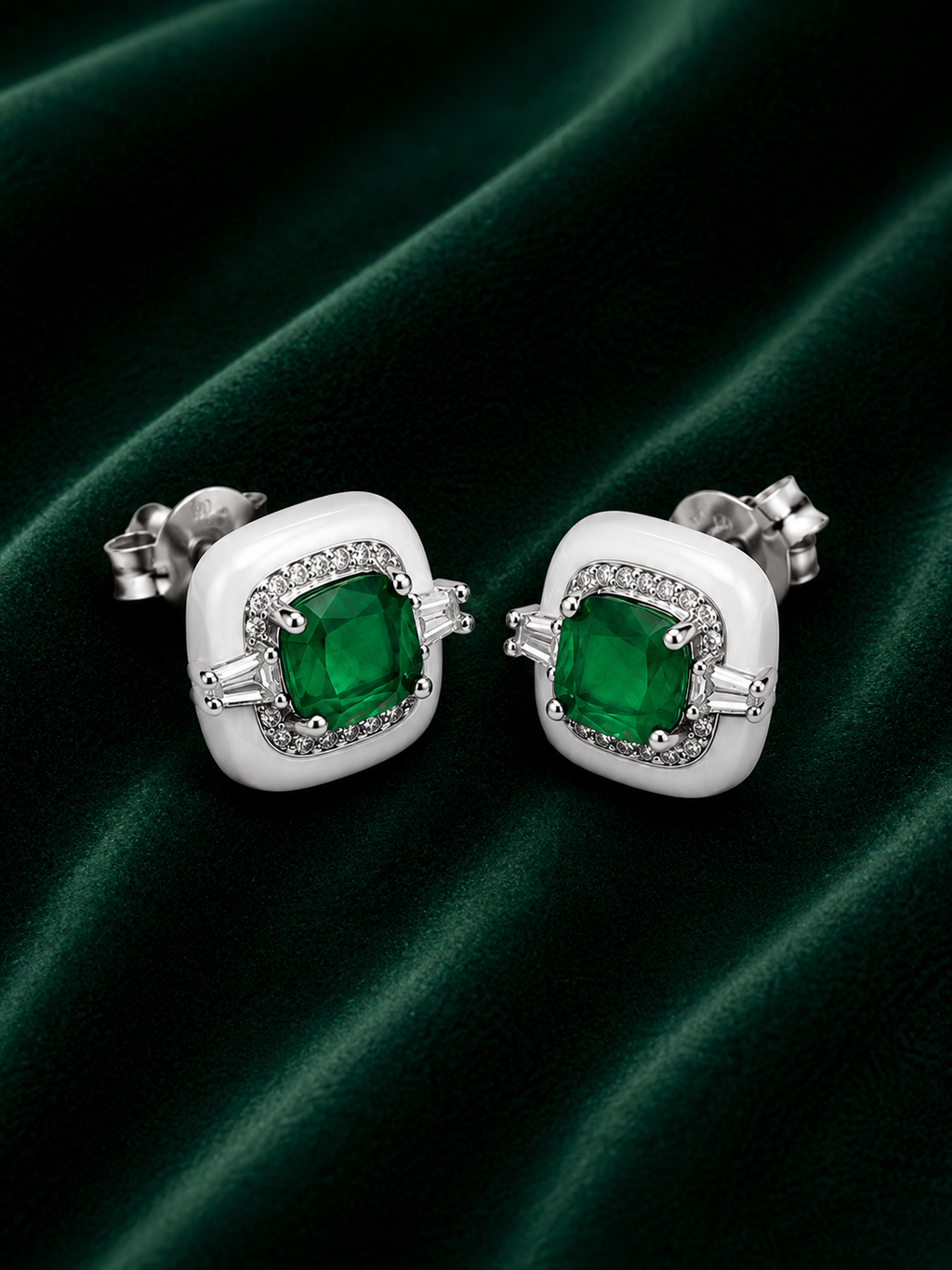 Cushion Emerald, Diamond & White Enamel Halo Stud Earrings in White Gold