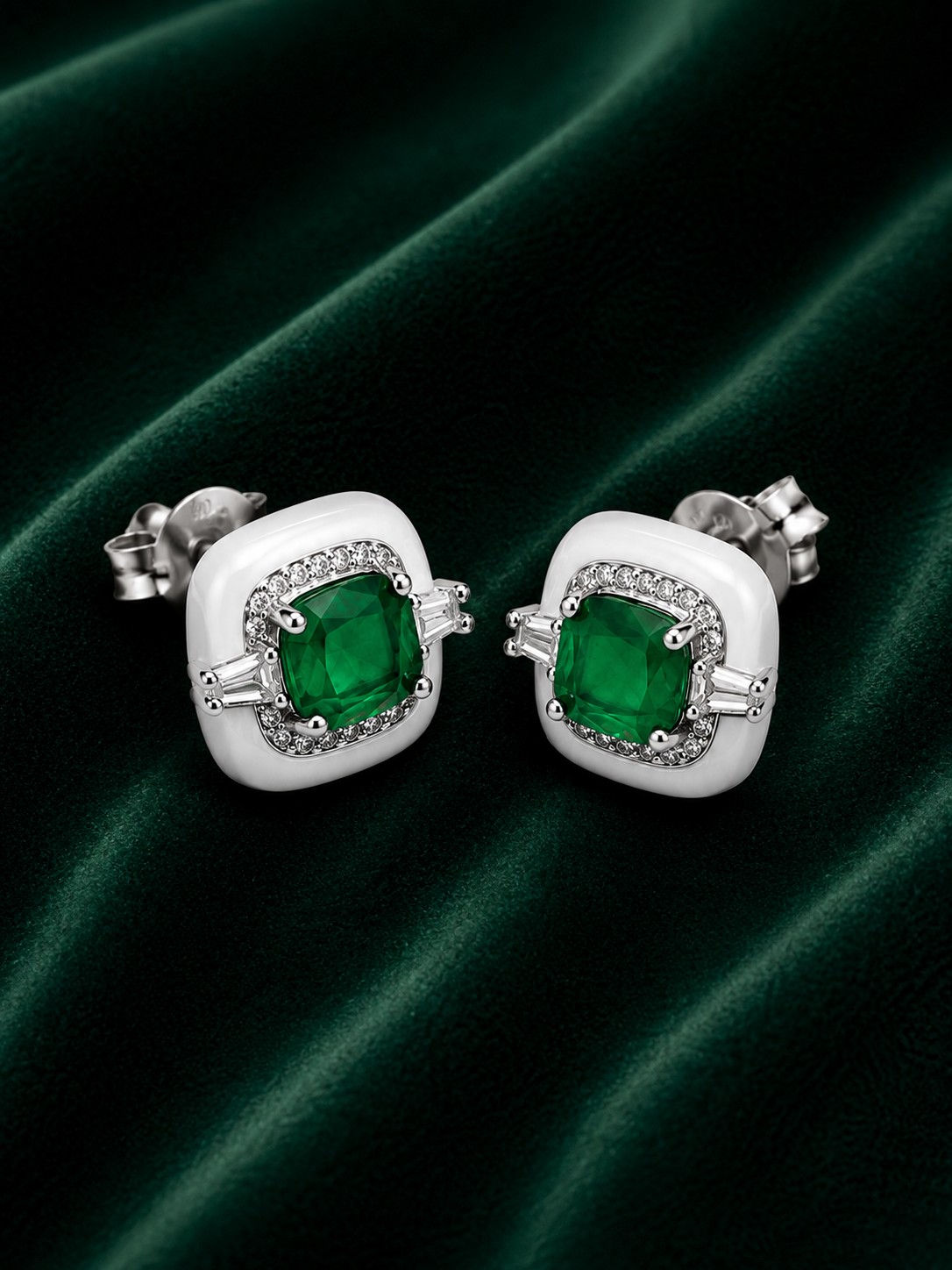 Cushion Emerald, Diamond & White Enamel Halo Stud Earrings in White Gold