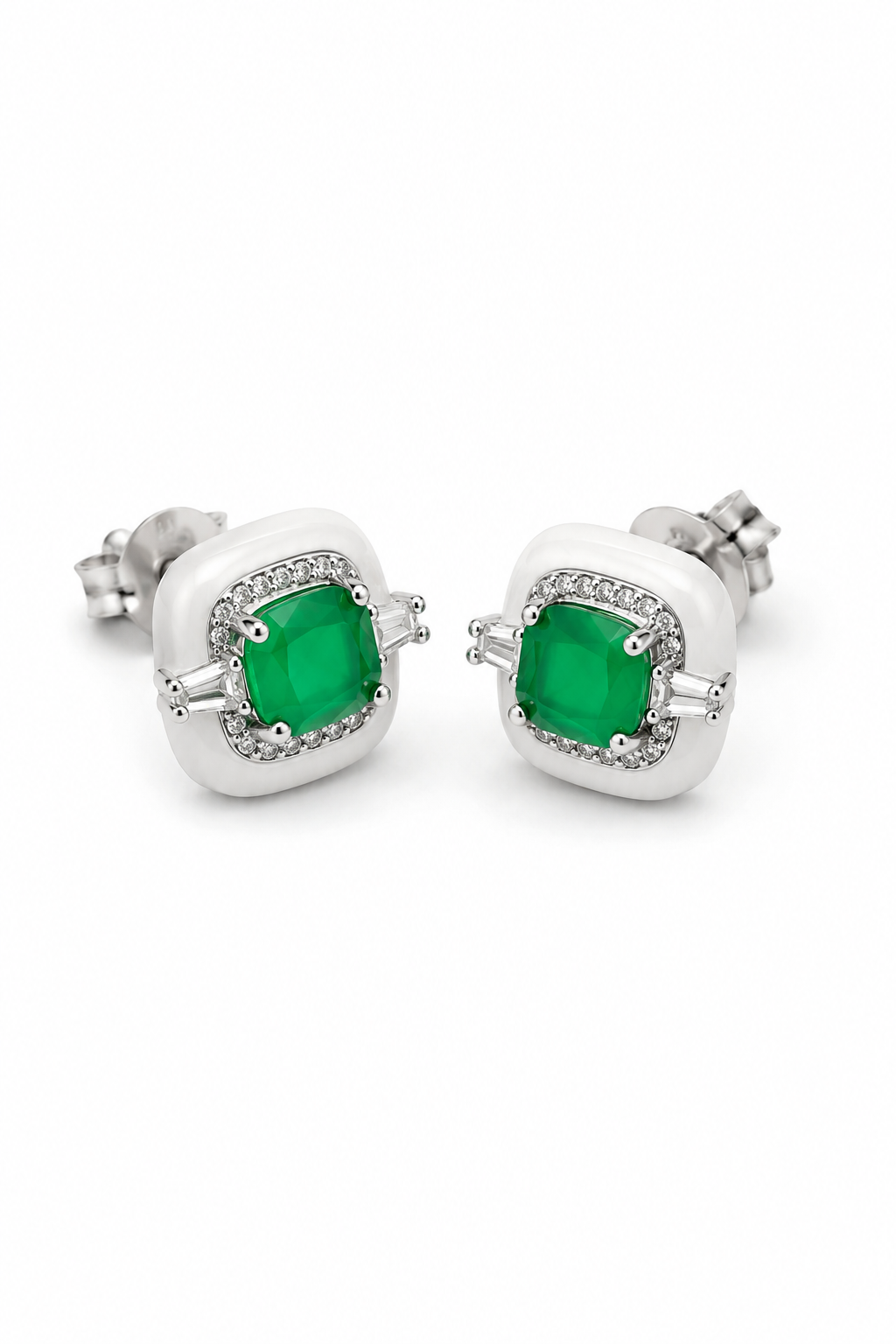 Cushion Emerald, Diamond & White Enamel Halo Stud Earrings in White Gold