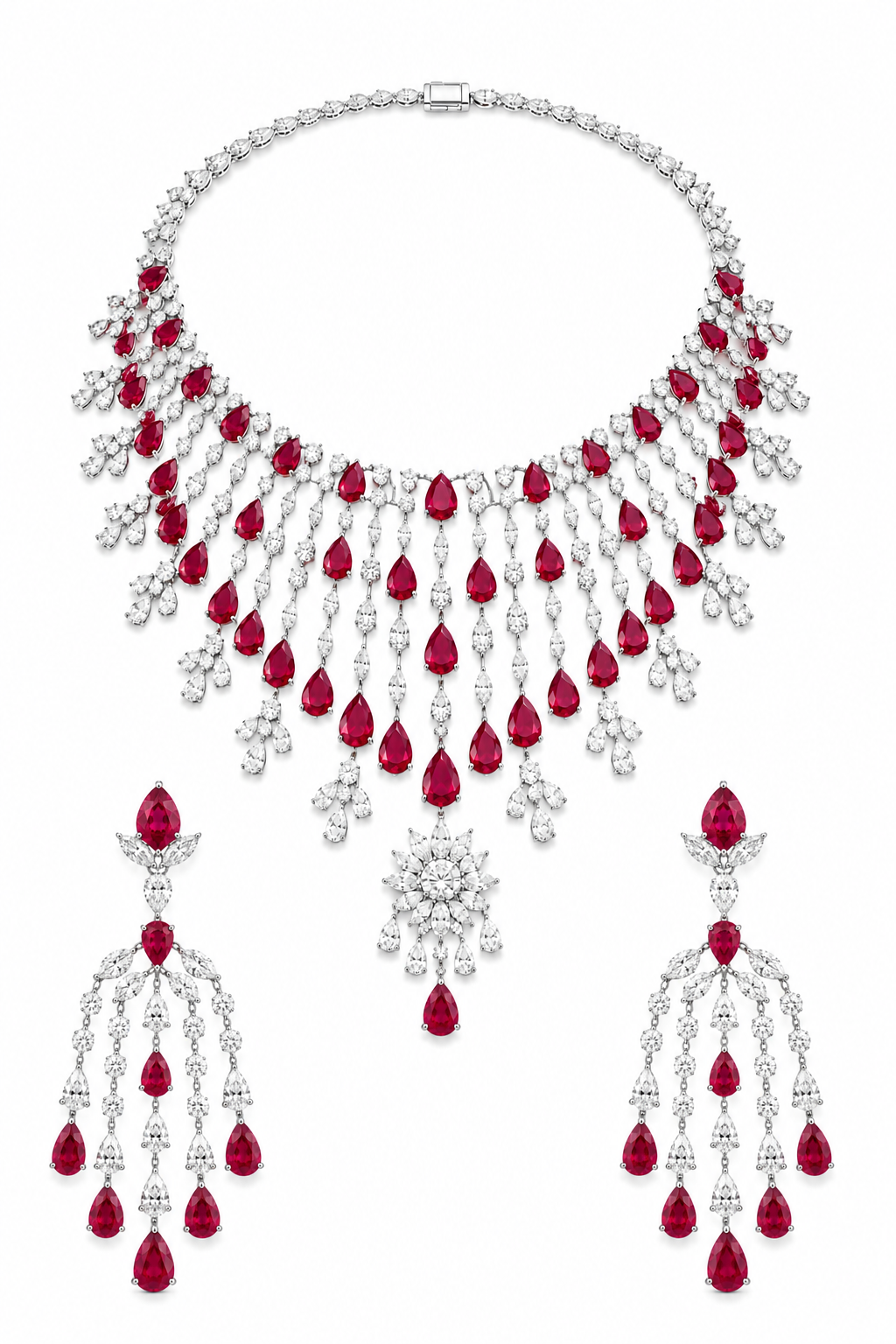 Ruby & Diamond Cascading Fringe Necklace Set