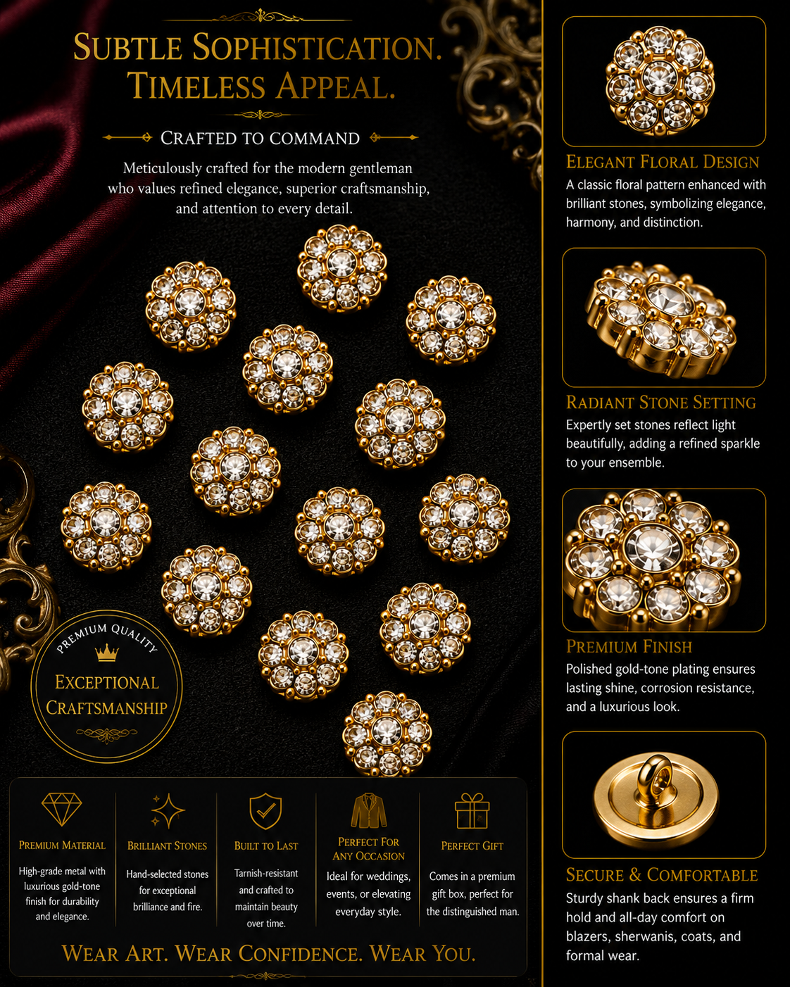 Round White Crystal Jewelry Buttons – Set for Blazers, Dresses, and Ethnic Wear