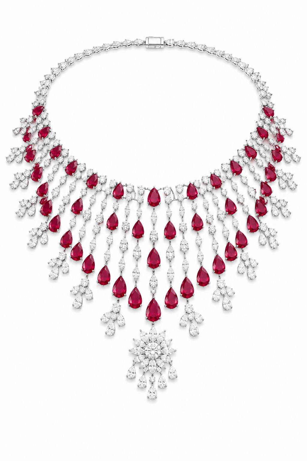 Ruby & Diamond Cascading Fringe Necklace Set