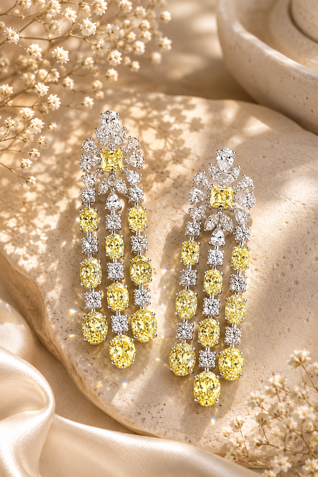 Canary Yellow Diamond Cascade Statement Earrings