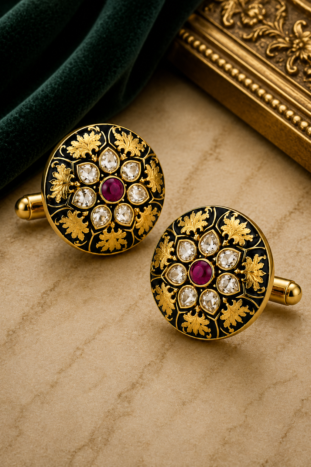 Round Black Enamel Cufflinks – Ornate Gold Motif with Ruby Center for Weddings