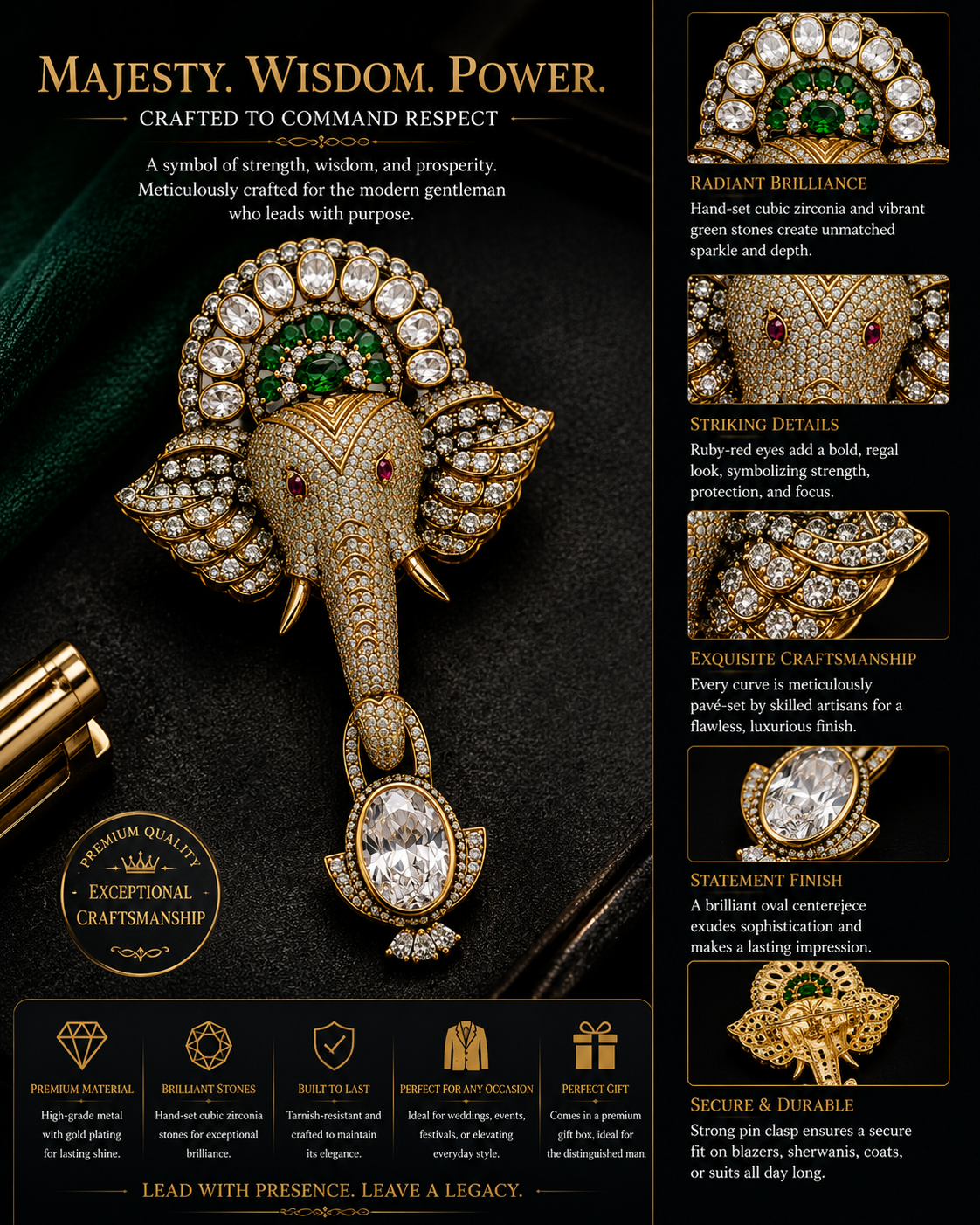 Royal Ganesha Crystal Brooch with Emerald Crown & Oval Solitaire Drop in Antique Gold