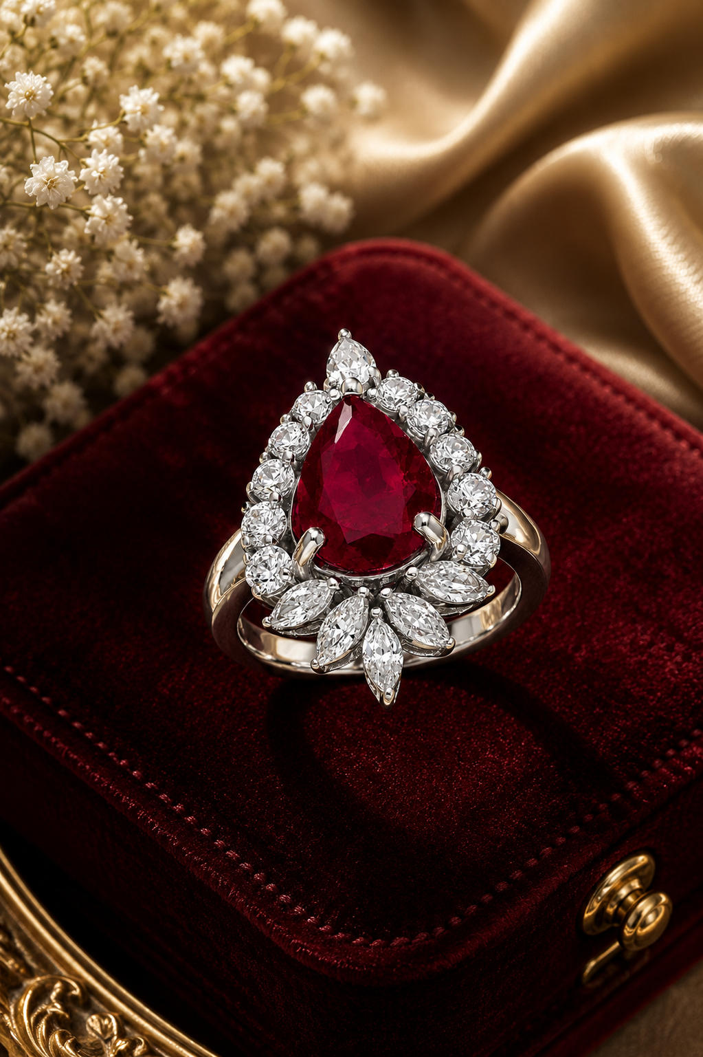 Pear Cut Ruby Diamond Floral Statement Ring