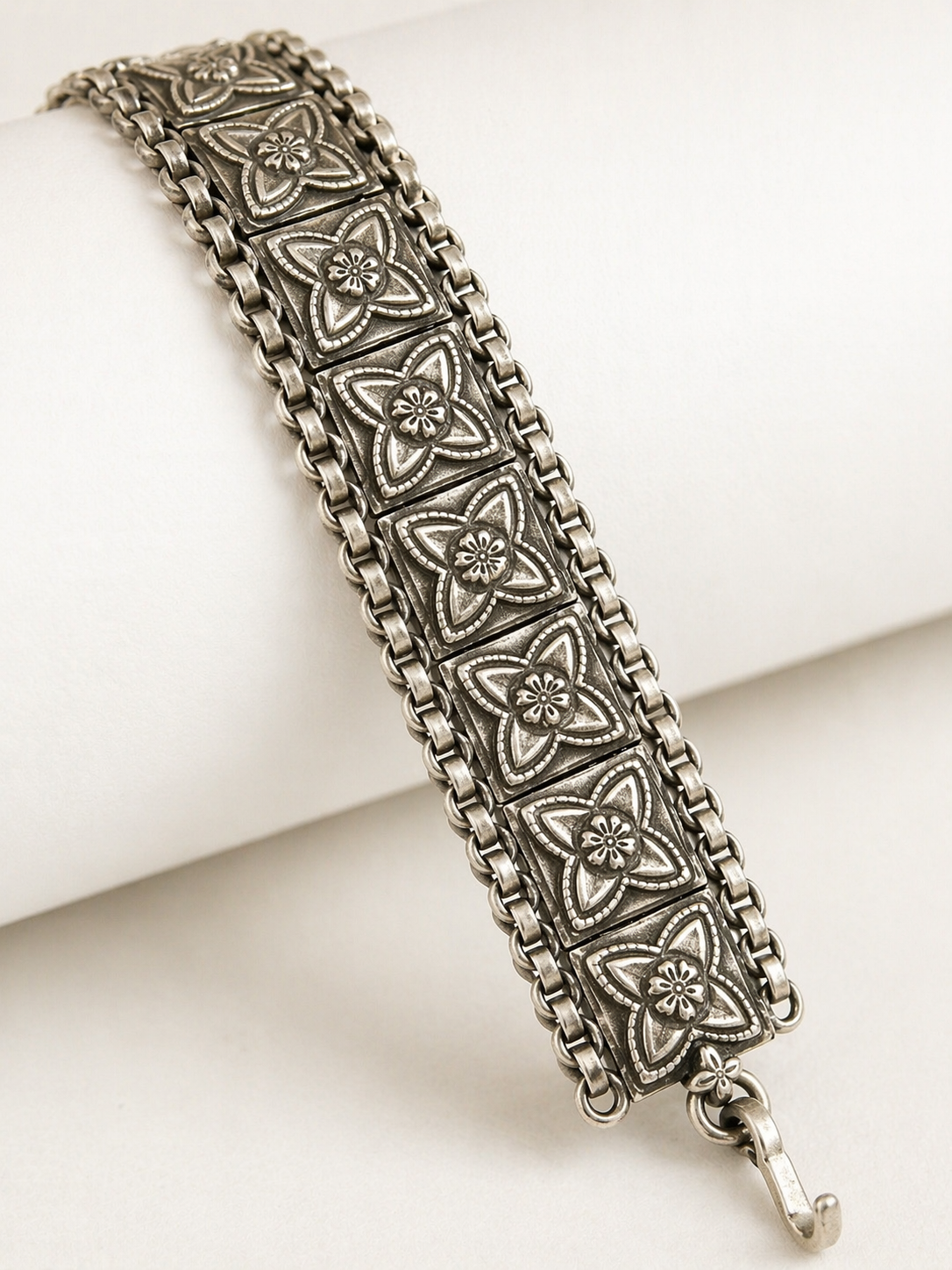 Oxidized Silver Floral Panel Statement Bracelet for Women