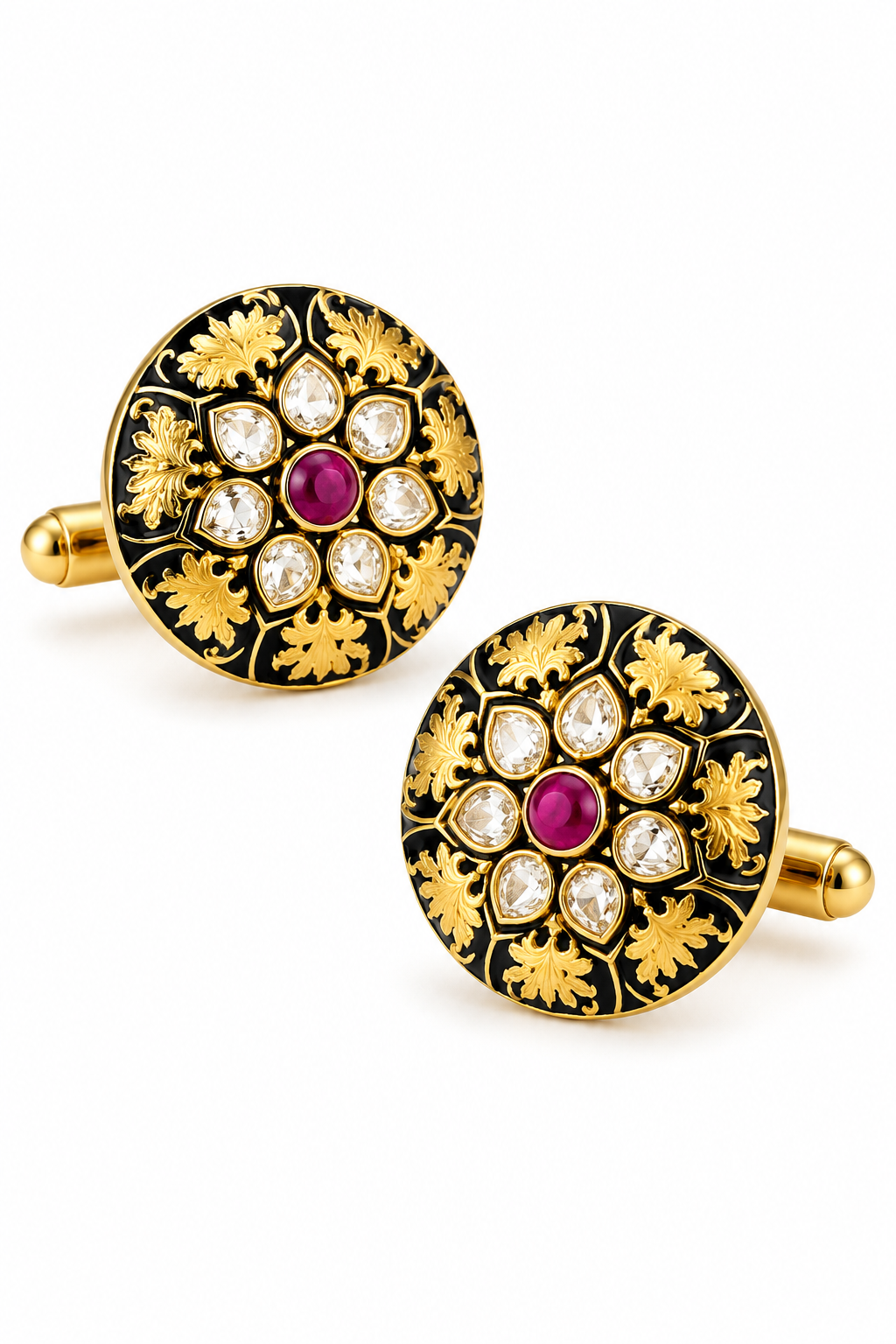 Round Black Enamel Cufflinks – Ornate Gold Motif with Ruby Center for Weddings