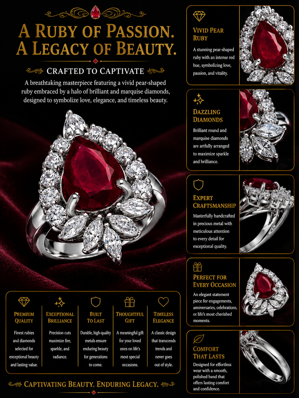 Pear Cut Ruby Diamond Floral Statement Ring