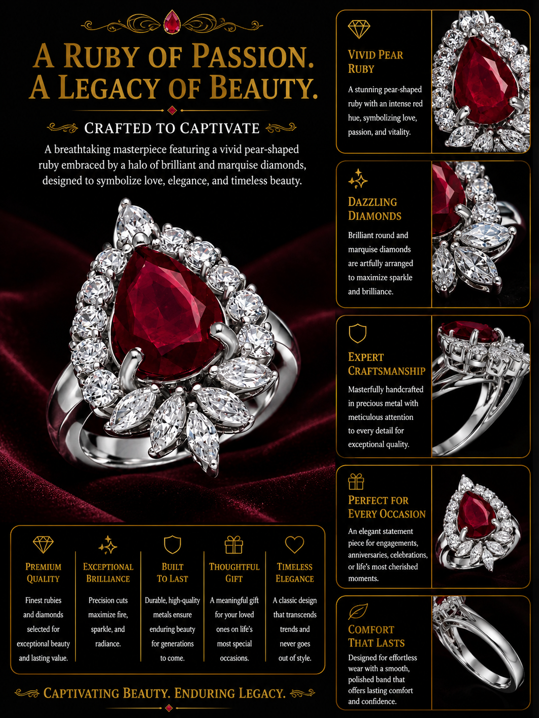 Pear Cut Ruby Diamond Floral Statement Ring