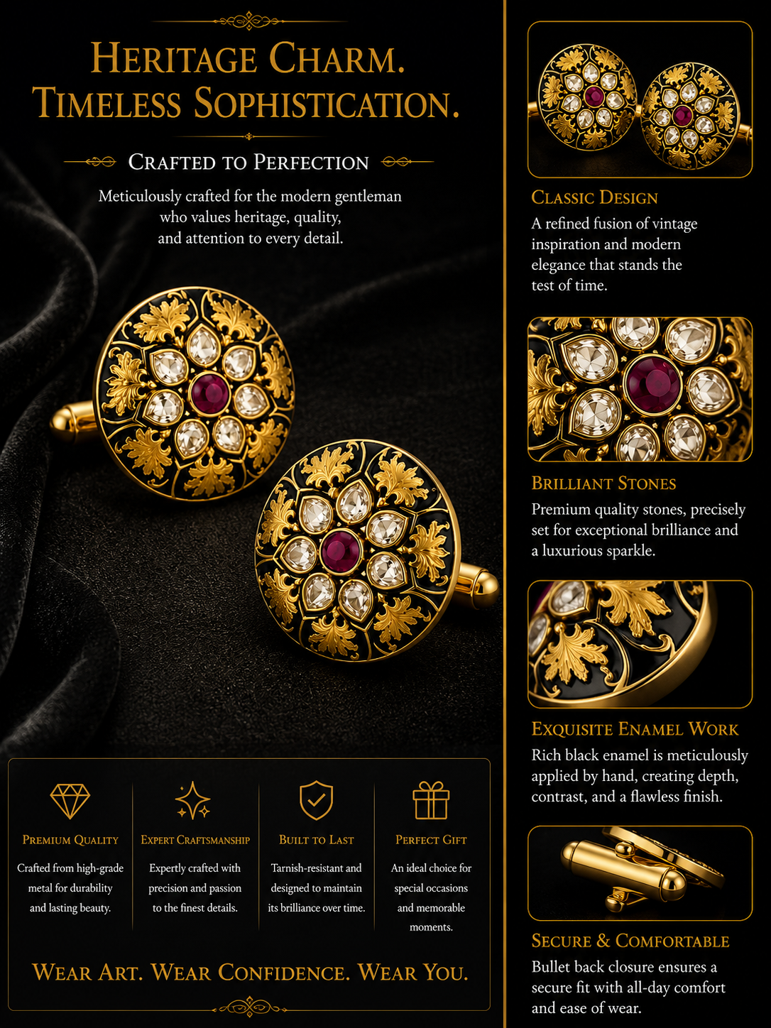 Round Black Enamel Cufflinks – Ornate Gold Motif with Ruby Center for Weddings