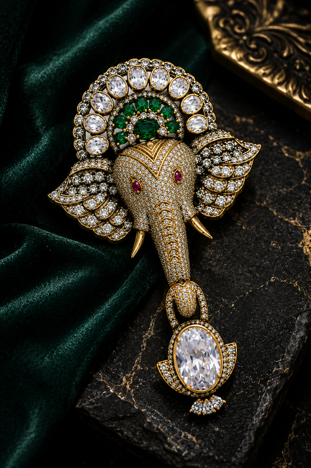 Royal Ganesha Crystal Brooch with Emerald Crown & Oval Solitaire Drop in Antique Gold