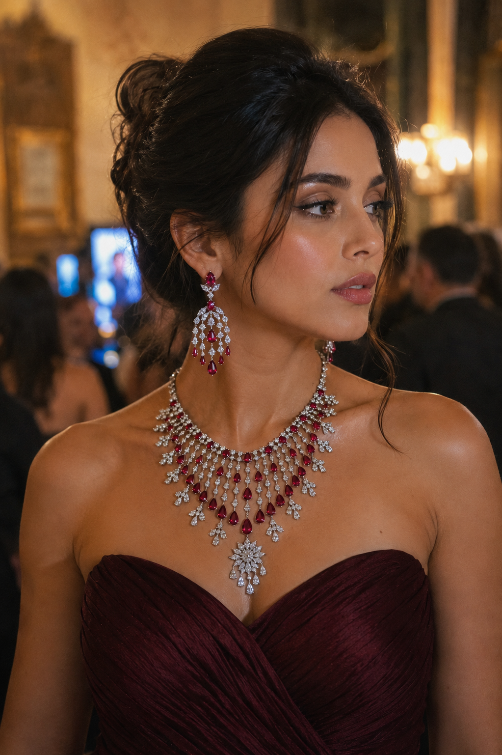 Ruby & Diamond Cascading Fringe Necklace Set