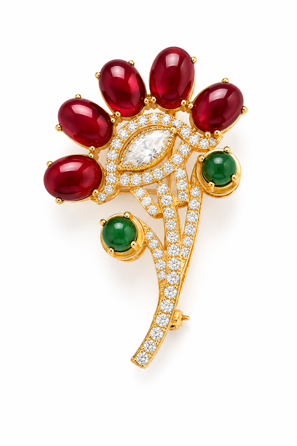Ruby Cabochon & Emerald Floral Spray Brooch with Marquise Crystal Centre in Gold