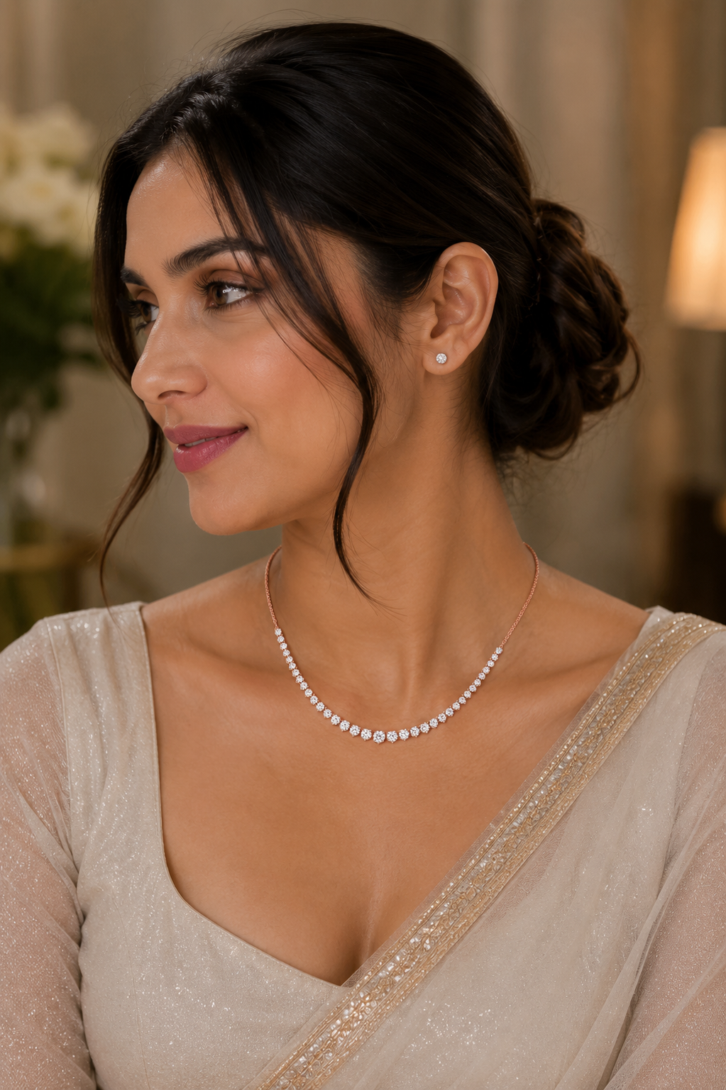 Graduating Diamond Rivière Tennis Necklace in Rose Gold — Half Set