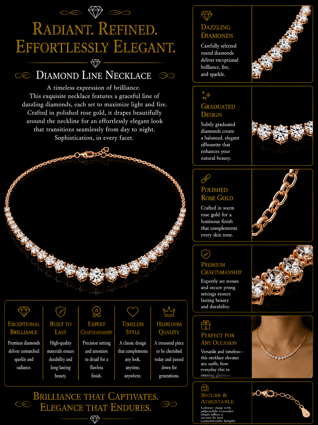 Graduating Diamond Rivière Tennis Necklace in Rose Gold — Half Set