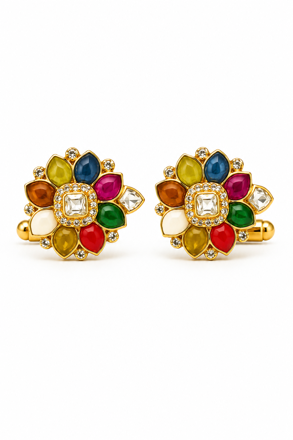Gold Floral Multi-Color Stone Cufflinks – Luxury Jewelry for Weddings and Festive Wear