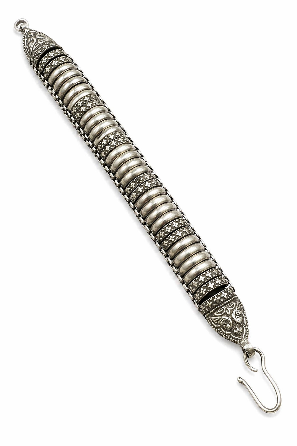 Oxidized Silver Ribbed Statement Bracelet with Engraved Detailing