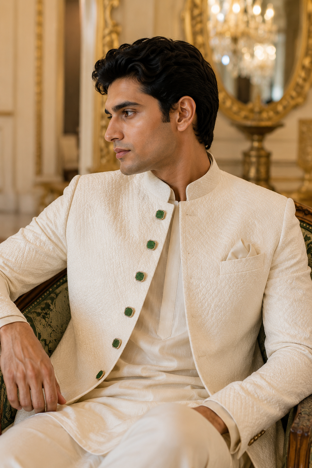 Ornate Square Jewelry Buttons for Sherwanis & Suits – Green and White Crystal Set