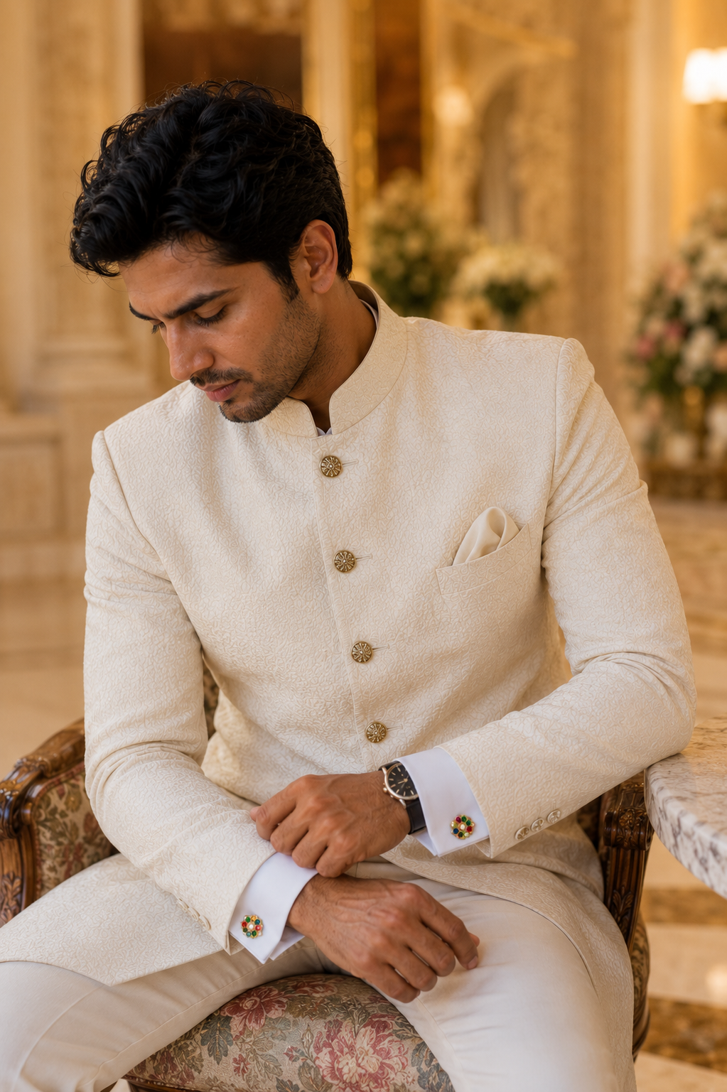 Gold Floral Multi-Color Stone Cufflinks – Luxury Jewelry for Weddings and Festive Wear