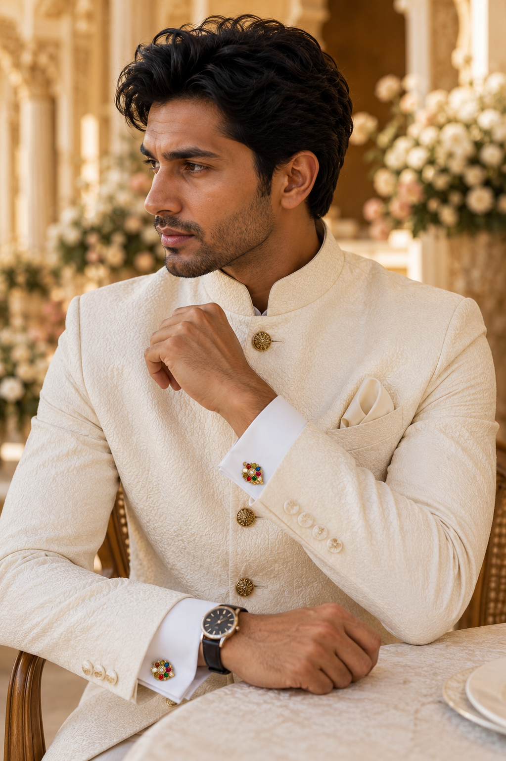 Gold Floral Multi-Color Stone Cufflinks – Luxury Jewelry for Weddings and Festive Wear
