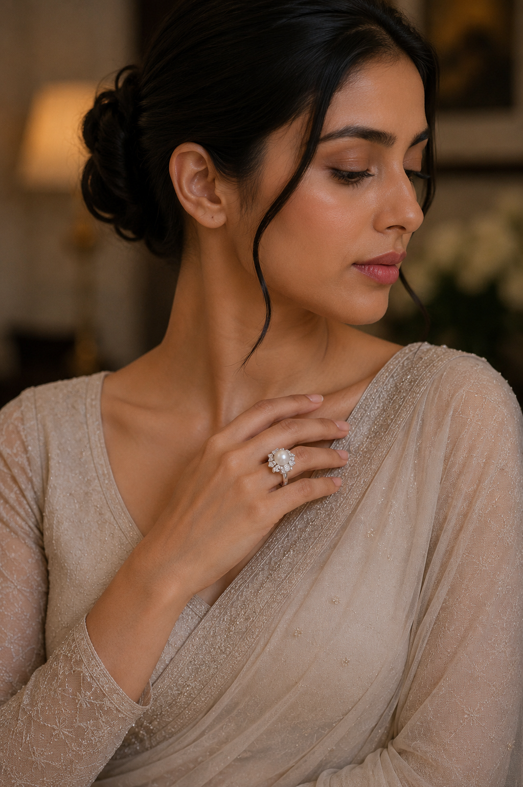 Luna Royale Pearl Diamond Statement Ring